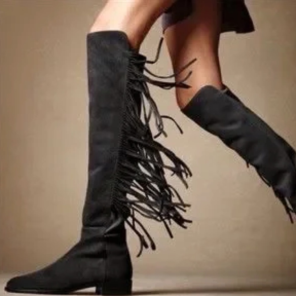Stuart Weitzman Mane Fringe  black suede boot 5.5